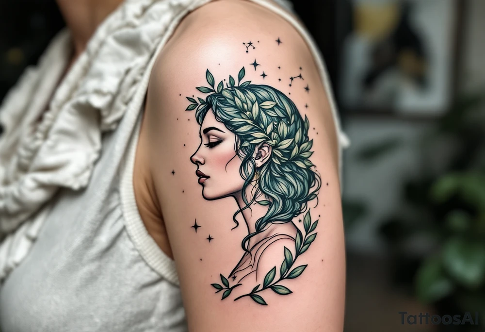 A cosmic Virgo constellation etched in teal above the profile of a woman surrounded by olive leaves. tattoo idea