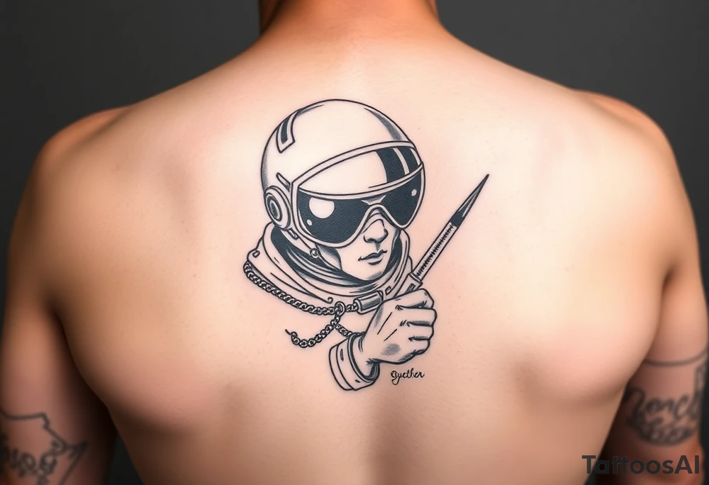 A spaceman junkie with a needle tattoo idea