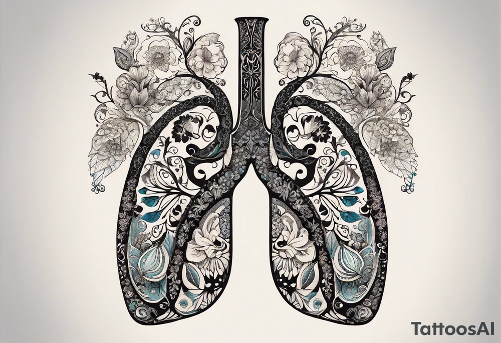 intricate and artistic arrangement of flowers and ornamental patterns that come together to form the shape of human lungs. The design should have a balance of delicacy and detail, with vibrant floral elements seamlessly intertwining to mimic the structure of the lungs, including the bronchi branching into floral motifs. Incorporate subtle shading and depth to give the tattoo a dynamic and organic feel, while maintaining elegance and symmetry, embraced by an octopus and butterflies flying around tattoo idea