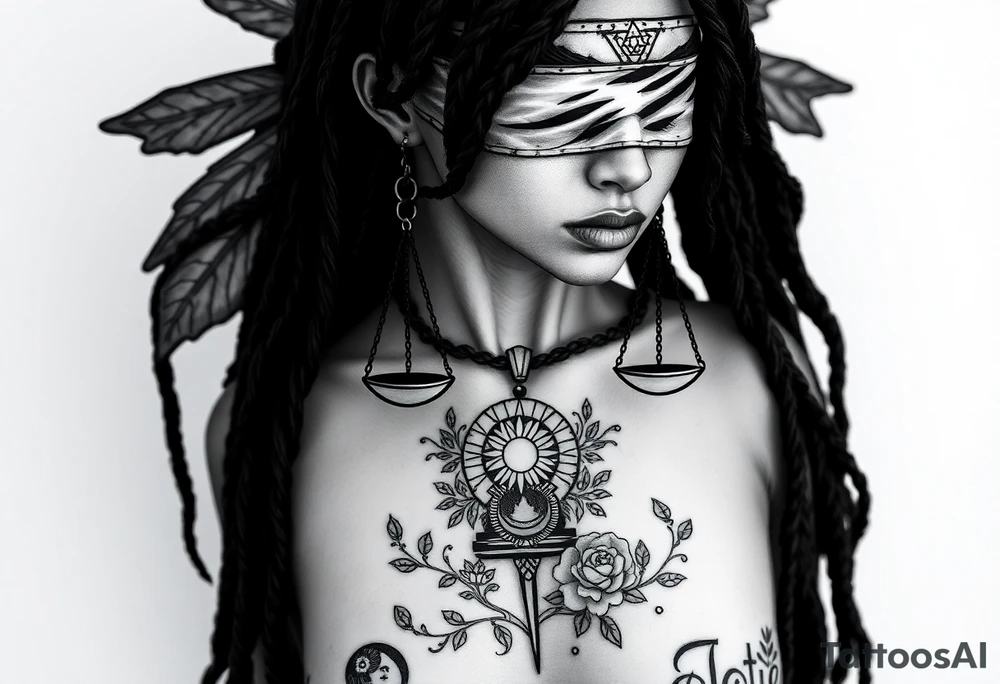 Black Sylph with dreads wearing blind fold and ankh pendant with tattoos holding weighing scales with the sun and moon rose vines surrounding and Anubis guarding tattoo idea