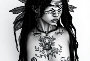 Black Sylph with dreads wearing blind fold and ankh pendant with tattoos holding weighing scales with the sun and moon rose vines surrounding and Anubis guarding tattoo idea