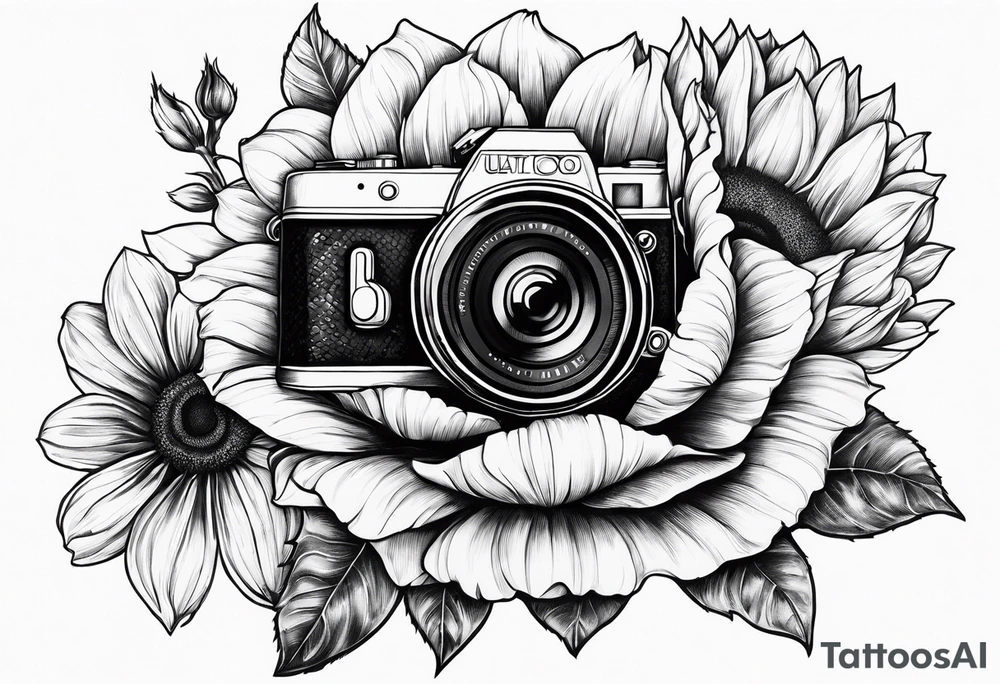 sunflower, camera, fish, flower rose tattoo idea