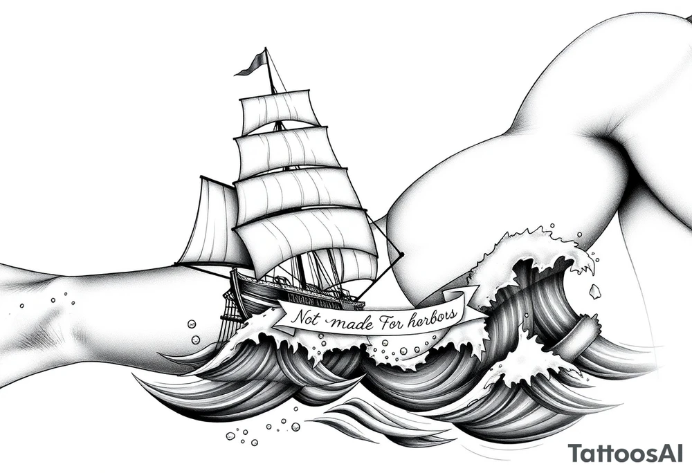 Ships are safest in harbor, but that’s not where built for. Modern take might or no sails. Ocean with volcanoes. 2. **Harbor Chains** – Broken beneath the ship’s hull, symbolizing leaving safety behind.  
3. **Waves** – Calm near the harbor (smooth lines), stormy ahead (jagged, dark shading).  
4. **Light Contrast** – A beam of light (or lighthouse glow) cutting through the storm, guiding the ship.  
5. **Subtle Text** – *"Not made for harbors"* in small, elegant script along a banner or wave. tattoo idea
