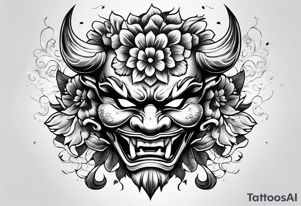 oni mask with flower petals falling around it tattoo idea