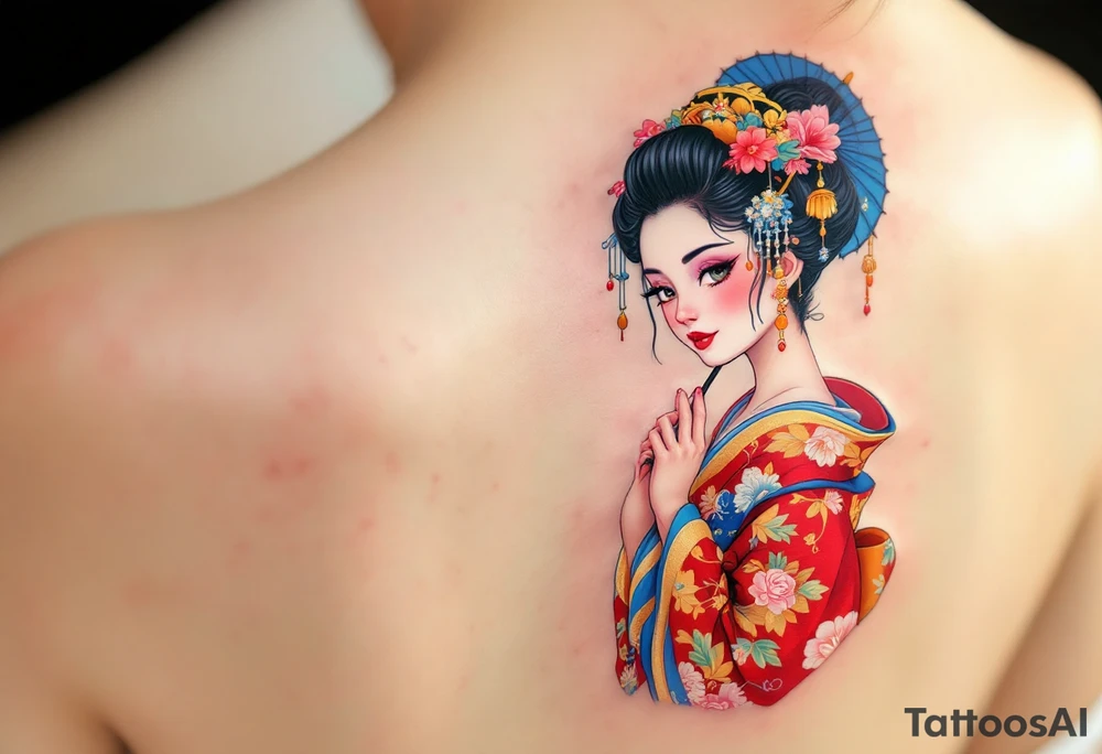 A traditional geisha in a vibrant red and gold kimono holding a delicate blue parasol. tattoo idea