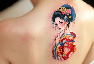 A traditional geisha in a vibrant red and gold kimono holding a delicate blue parasol. tattoo idea