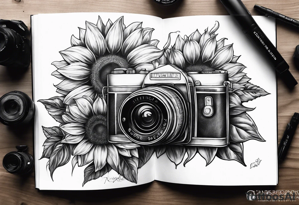 Sunflower, book, camera tattoo idea