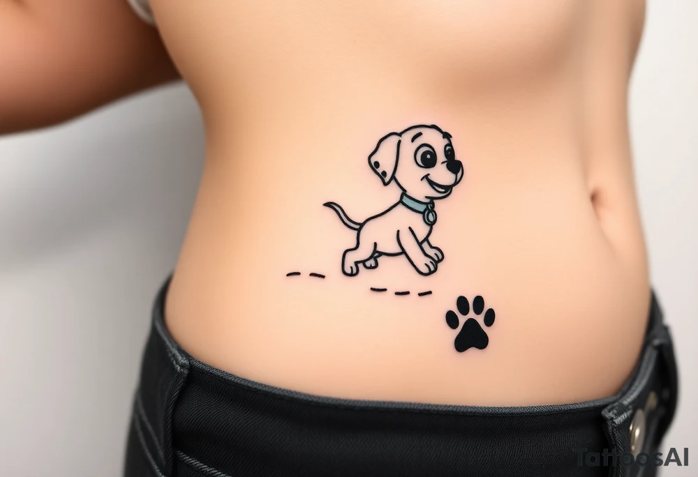 Walking away Paw Patrol member leaving a realistic textured paw print behind him. tattoo idea