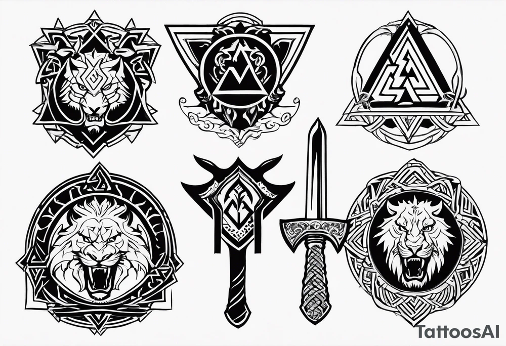 Valhalla sword shield axe Valknut dragon lion tattoo idea Valhalla sword shield axe Valknut dragon lion tattoo idea
