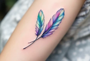 A pair of hummingbird feathers, delicately illustrated in iridescent shades of green, violet, and blue, suggesting joy and freedom. tattoo idea