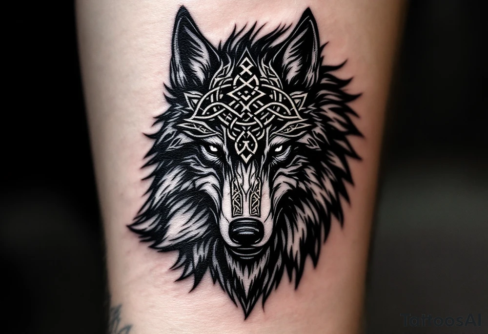Celtic Alpha Marking – A side-profile wolf head with intricate black-and-bronze knotwork forming a Celtic alpha symbol on its forehead. tattoo idea