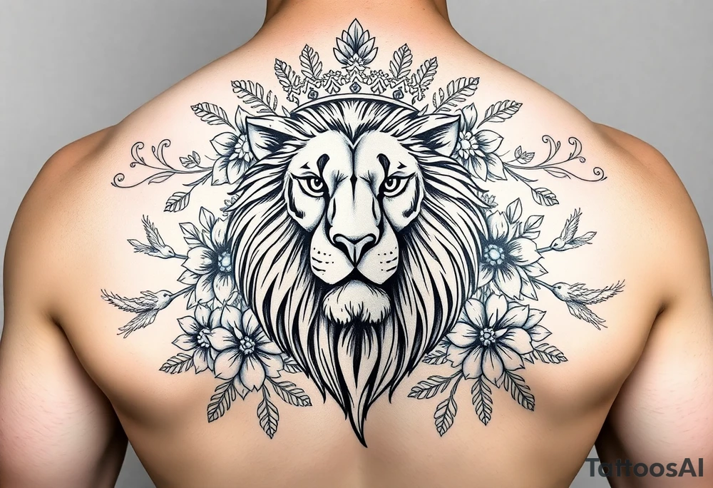 powerful majestic lion with a crown, surrounded by floral ornaments and birds tattoo idea