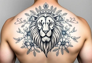 powerful majestic lion with a crown, surrounded by floral ornaments and birds tattoo idea