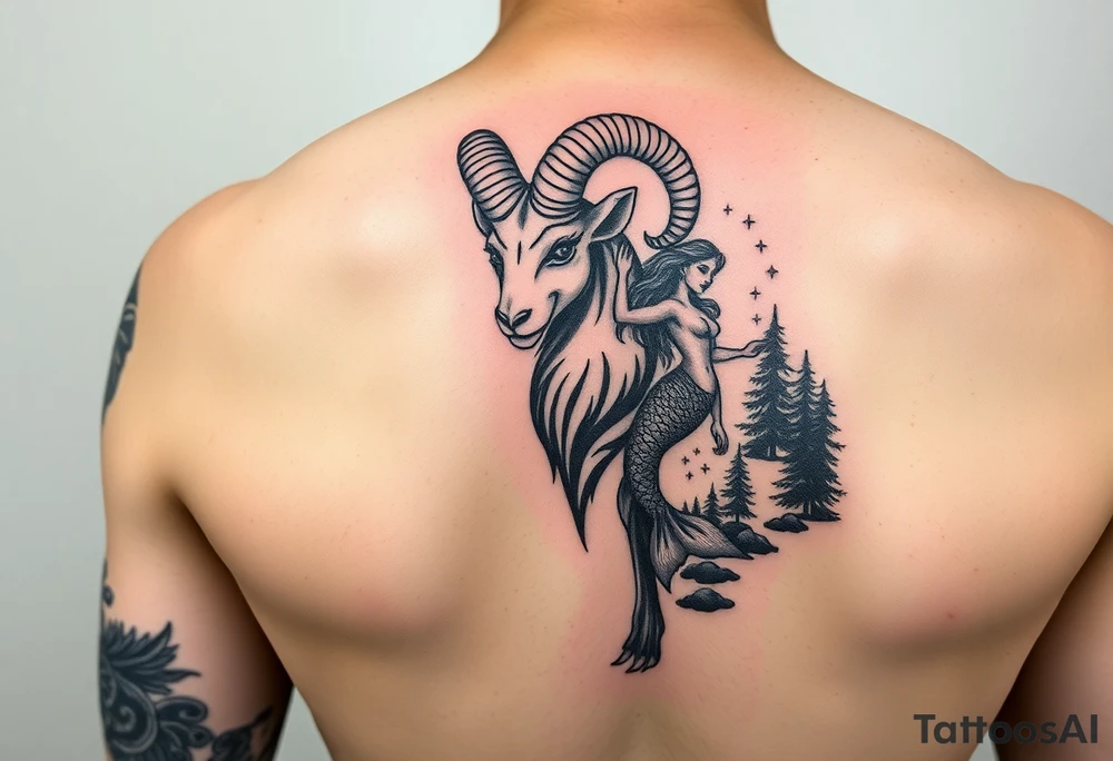 color tattoo, on the shoulder and forearm in the Neo-Traditional style: zodiac sign Aries, a majestic ram with horns curled upwards, a beautiful mermaid and a forest around with a starry sky tattoo idea