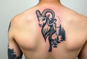 color tattoo, on the shoulder and forearm in the Neo-Traditional style: zodiac sign Aries, a majestic ram with horns curled upwards, a beautiful mermaid and a forest around with a starry sky tattoo idea