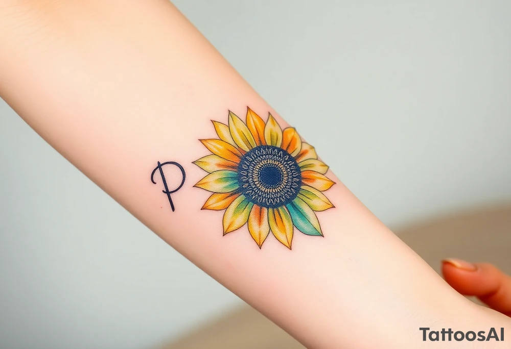 Word "PHUONG" written vertical with the sunflower. tattoo idea