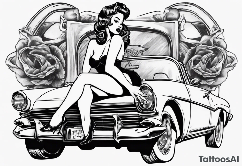 Topless pinup doll sitting on the hood of an vintage car tattoo idea