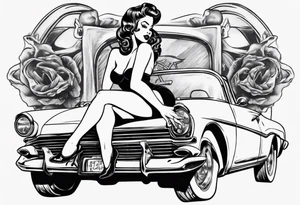 Topless pinup doll sitting on the hood of an vintage car tattoo idea