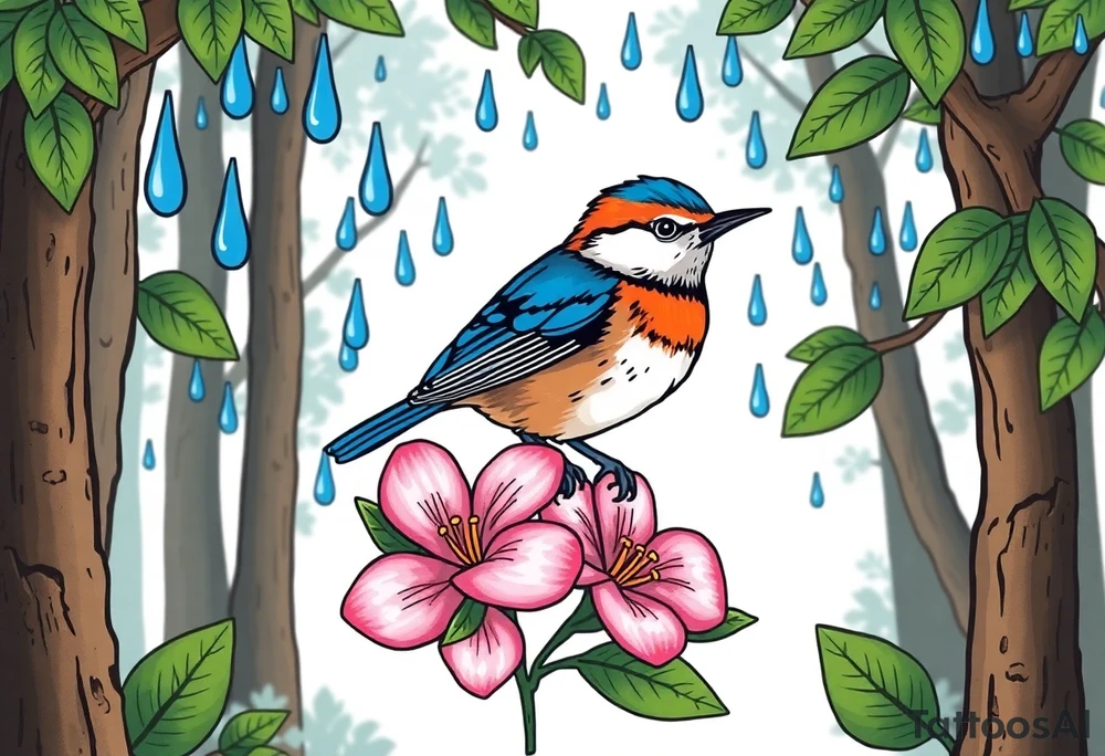 forest background with blue rain drops, pink camelia flower and blue and brown wren bird tattoo idea