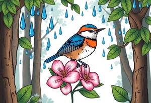 forest background with blue rain drops, pink camelia flower and blue and brown wren bird tattoo idea