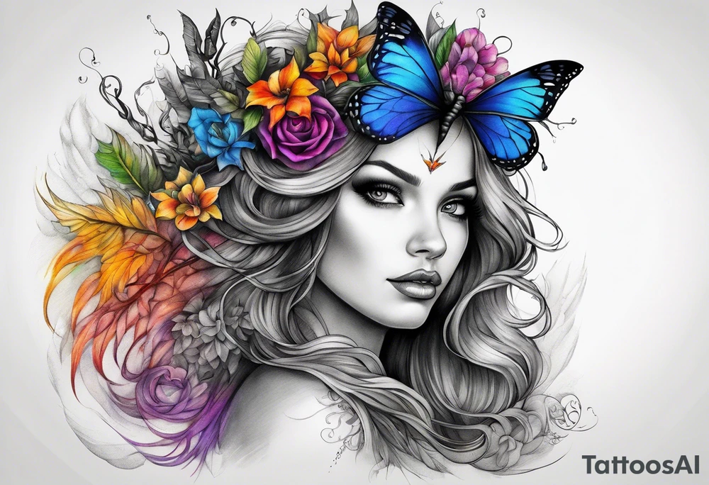 A fairy/witch with a Lot of collors, make It look mystic and really colorful and realistic tattoo idea