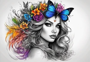 A fairy/witch with a Lot of collors, make It look mystic and really colorful and realistic tattoo idea