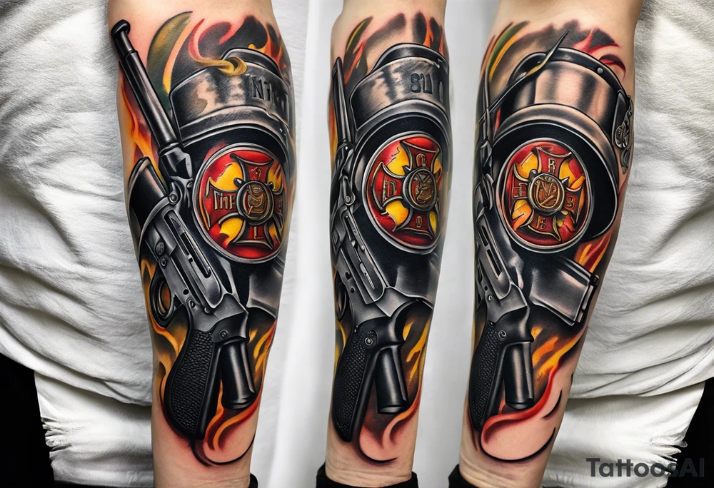 A forearm tattoo that includes an M4 Carbine rifle, a Beretta M9 pistol, a firefighter's hose with nozzle, and a firefighter's halligan bar and flathead axe tattoo idea