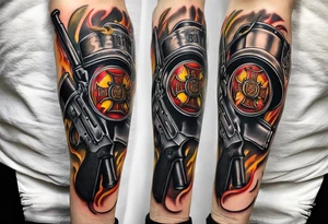 A forearm tattoo that includes an M4 Carbine rifle, a Beretta M9 pistol, a firefighter's hose with nozzle, and a firefighter's halligan bar and flathead axe tattoo idea