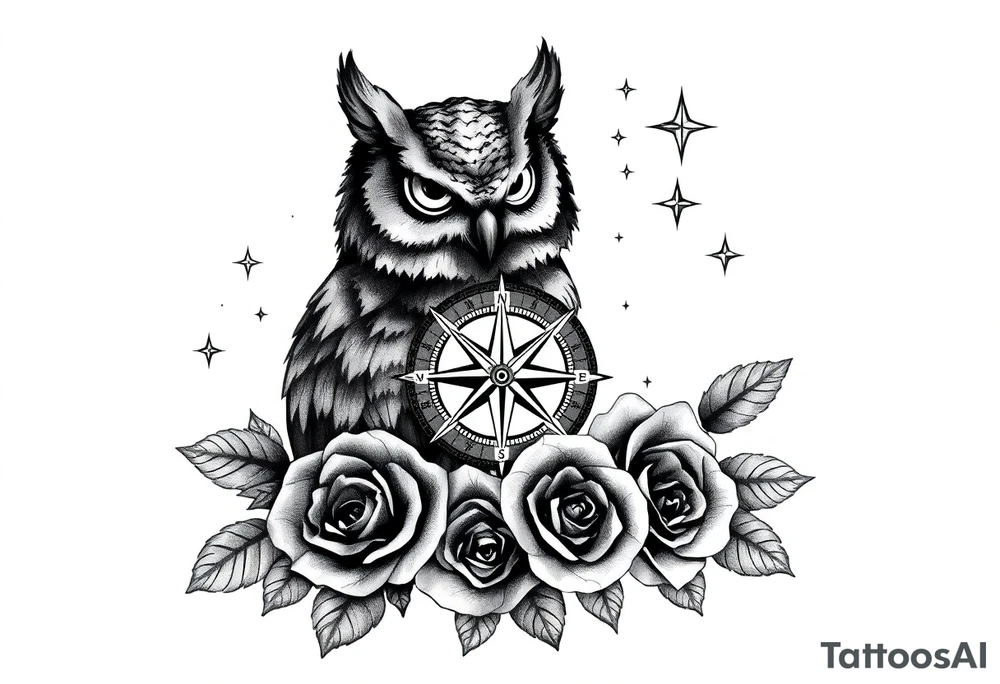 an owl,compass,roses,stars. tattoo idea