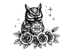 an owl,compass,roses,stars. tattoo idea