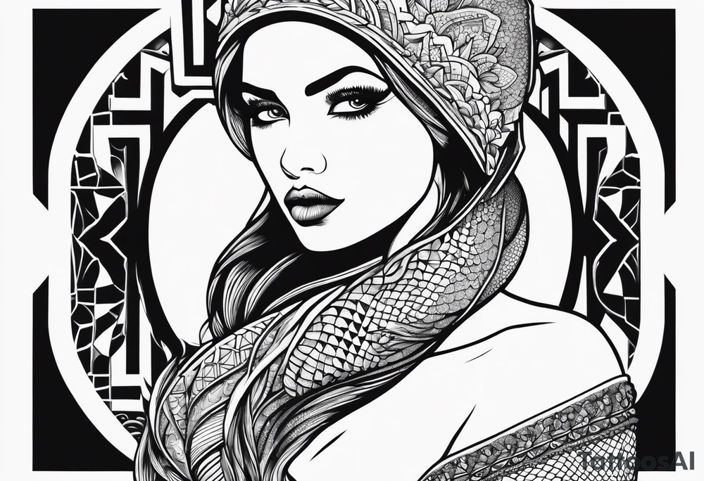 A mermaid wearing a balaclava in screen print style tattoo idea