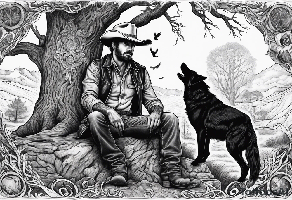 cowboy near death
 sitting in front of a fire with the tree of life behind him and a wolf and a raven tattoo idea
