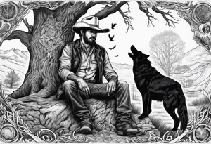 cowboy near death
 sitting in front of a fire with the tree of life behind him and a wolf and a raven tattoo idea
