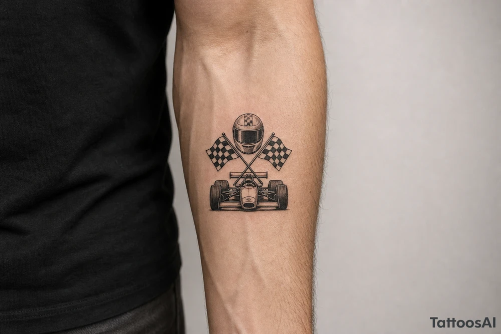A small, delicate blackwork tattoo design featuring motorsport elements . a sleek full-face racing helmet with a dark visor. classic checkered racing flags crossed at the poles. a front-angle view of a vintage open-wheel race car showing wide tires and front wing details. tattoo idea