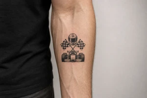 A small, delicate blackwork tattoo design featuring motorsport elements . a sleek full-face racing helmet with a dark visor.  classic checkered racing flags crossed at the poles. a front-angle view of a vintage open-wheel race car showing wide tires and front wing details. tattoo idea