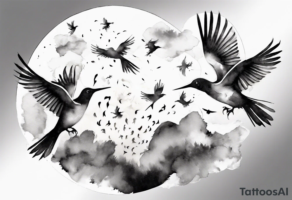 shoulder tattoo with light rays with birds flying free among the clouds, round shape, 3d effect tattoo idea shoulder tattoo with light rays with birds flying free among the clouds, round shape, 3d effect tattoo idea