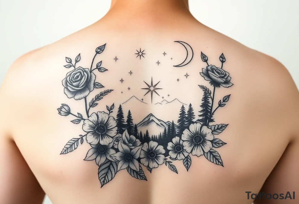 Unique artistic tattoo, with roses and wild flowers 
Crescent moon and stars mountains forests
Feminine tattoo idea