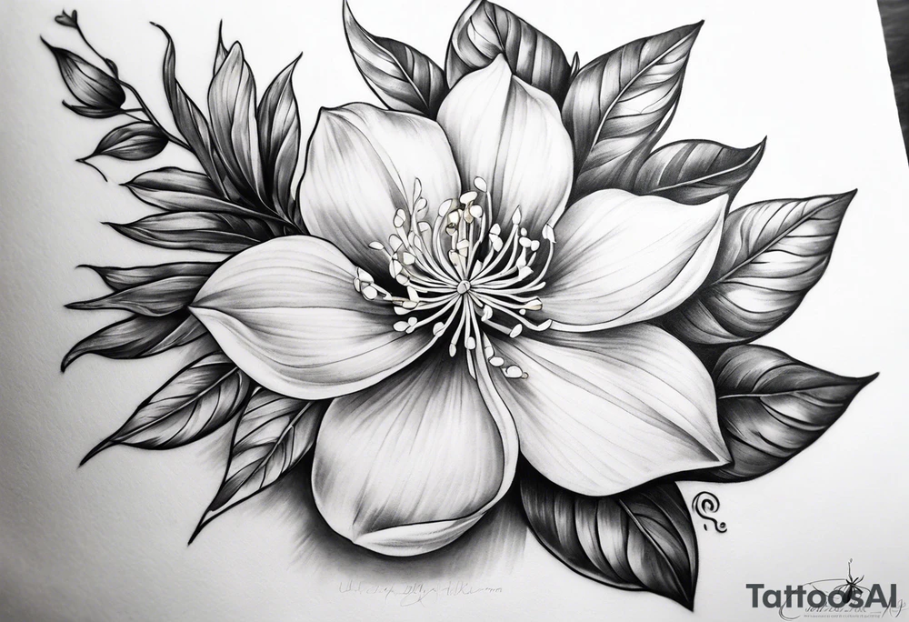 Shoulder and collarbone tattoo of a vibe of night-blooming Jasmine. The tattoo should have a spider tattoo idea