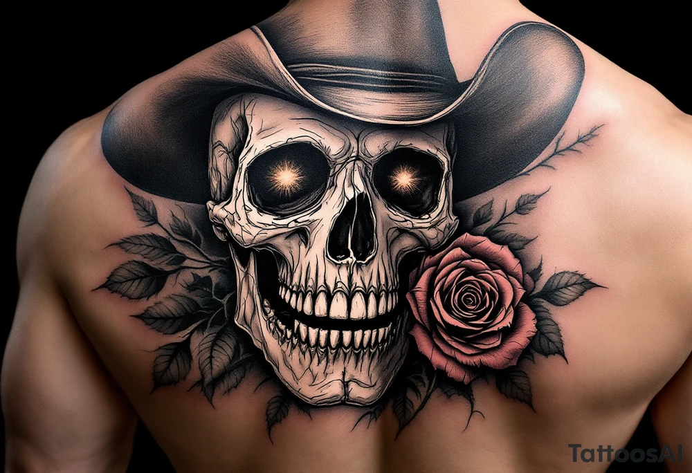 skeleton cowboy with rose in teeth tattoo idea