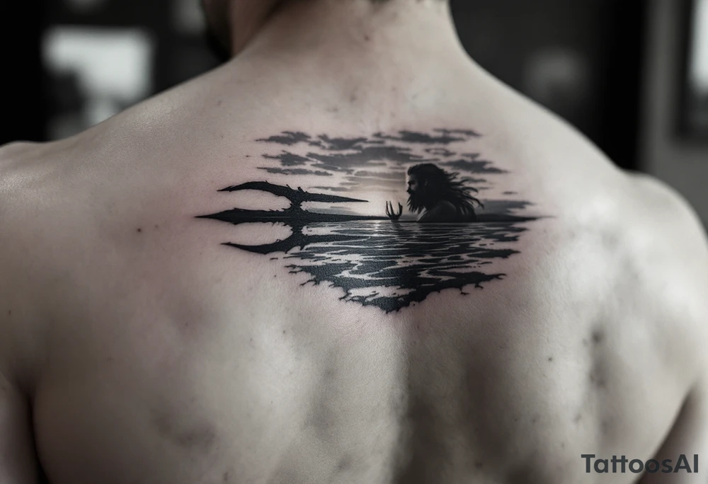 trident with Poseidon half way under calm water at sunset tattoo idea