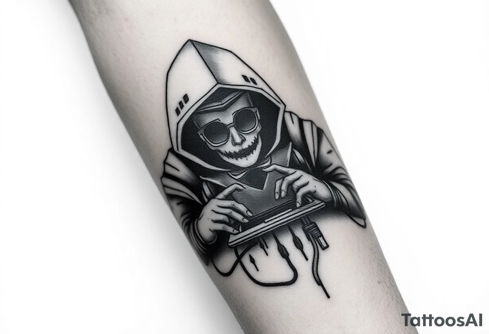 Tattoo for the top side of the forearm, black and gray, flash, hacker computer tech tattoo idea