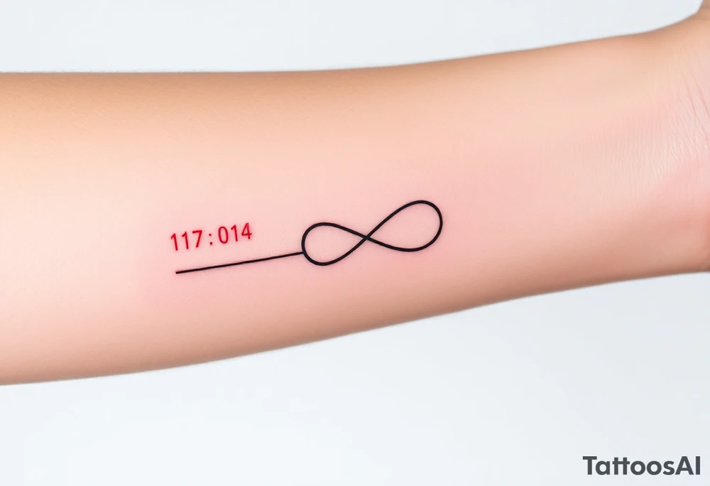 “Quero uma tatuagem no antebraço, simples e pequena. Deve ter a data de nascimento do meu avô escrita em vermelho, seguida de um traço reto e, à frente, o símbolo de infinito em preto. O design deve ser minimalista, com letras elegantes e proporcionais, mantendo um aspeto discreto.” tattoo idea