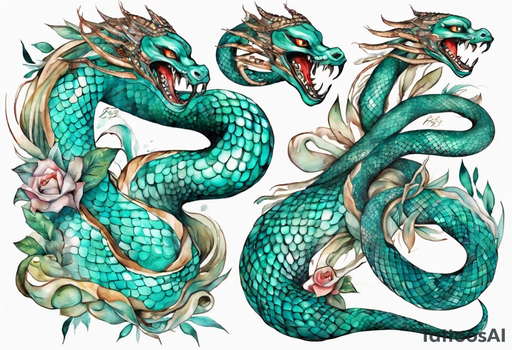 a Naga with a woman's face and the body of a serpent, turquoise scales tattoo idea
