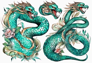 a Naga with a woman's face and the body of a serpent, turquoise scales tattoo idea