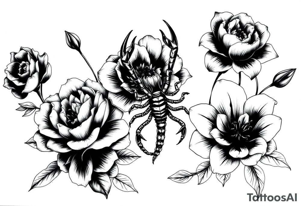 peonies and lilies with scorpion tattoo idea