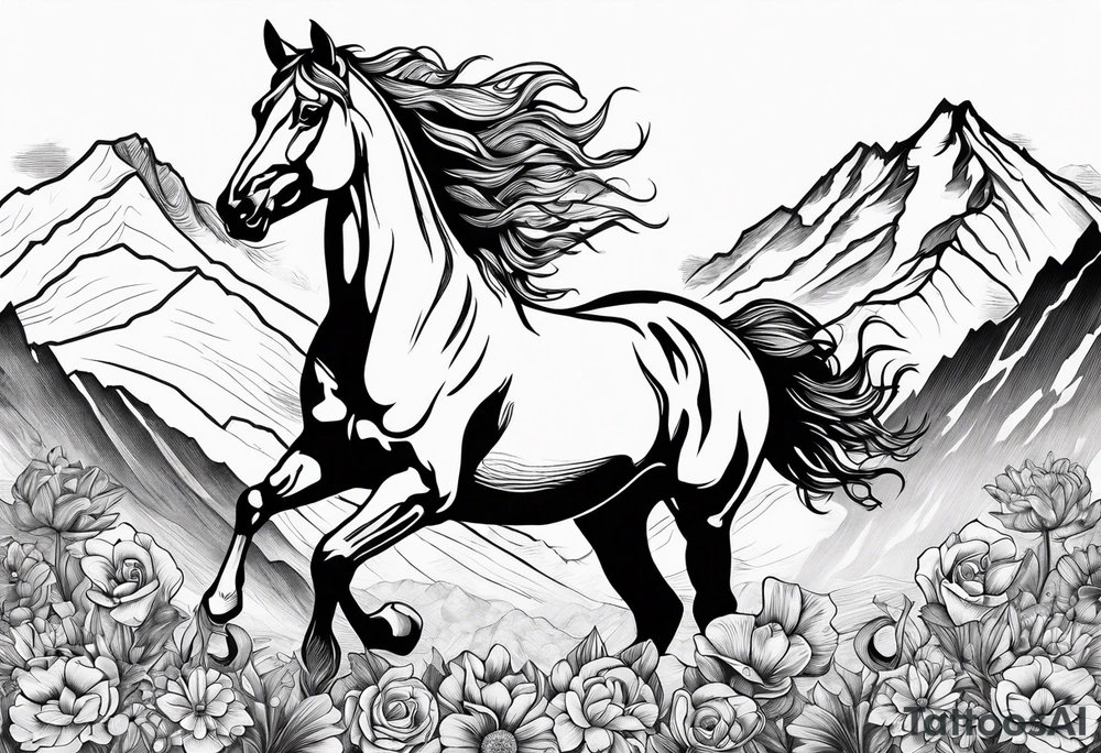 bucking horse, mountains, flowers tattoo idea