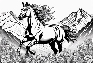 bucking horse, mountains, flowers tattoo idea