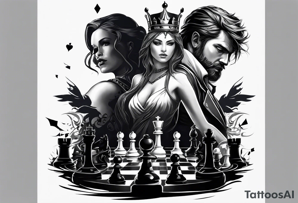 Capture the intense moment of checkmate in the game, with the angelic queen delivering the final move, signaling the triumph of good over evil in this strategic battle. tattoo idea