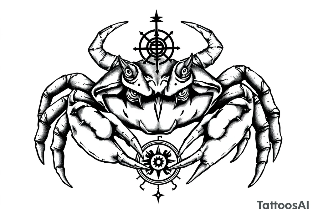 An angry crab with an angry unnatural face its claws scary with a zodiac symbol prominent and has extra long legs and big etes tattoo idea