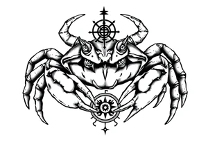 An angry crab with an angry unnatural face its claws scary with a zodiac symbol prominent and has extra long legs and big etes tattoo idea